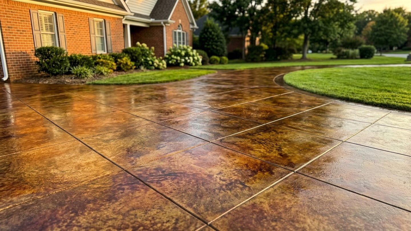 Acid-stained concrete driveway with a sawcut tile grid in warm bronze tones