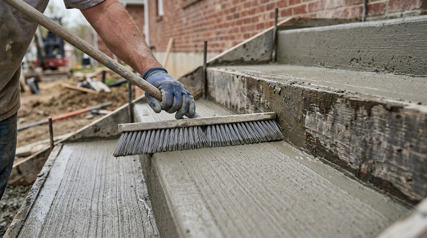 Gloved hand pulling a broom across a fresh concrete step tread for texture