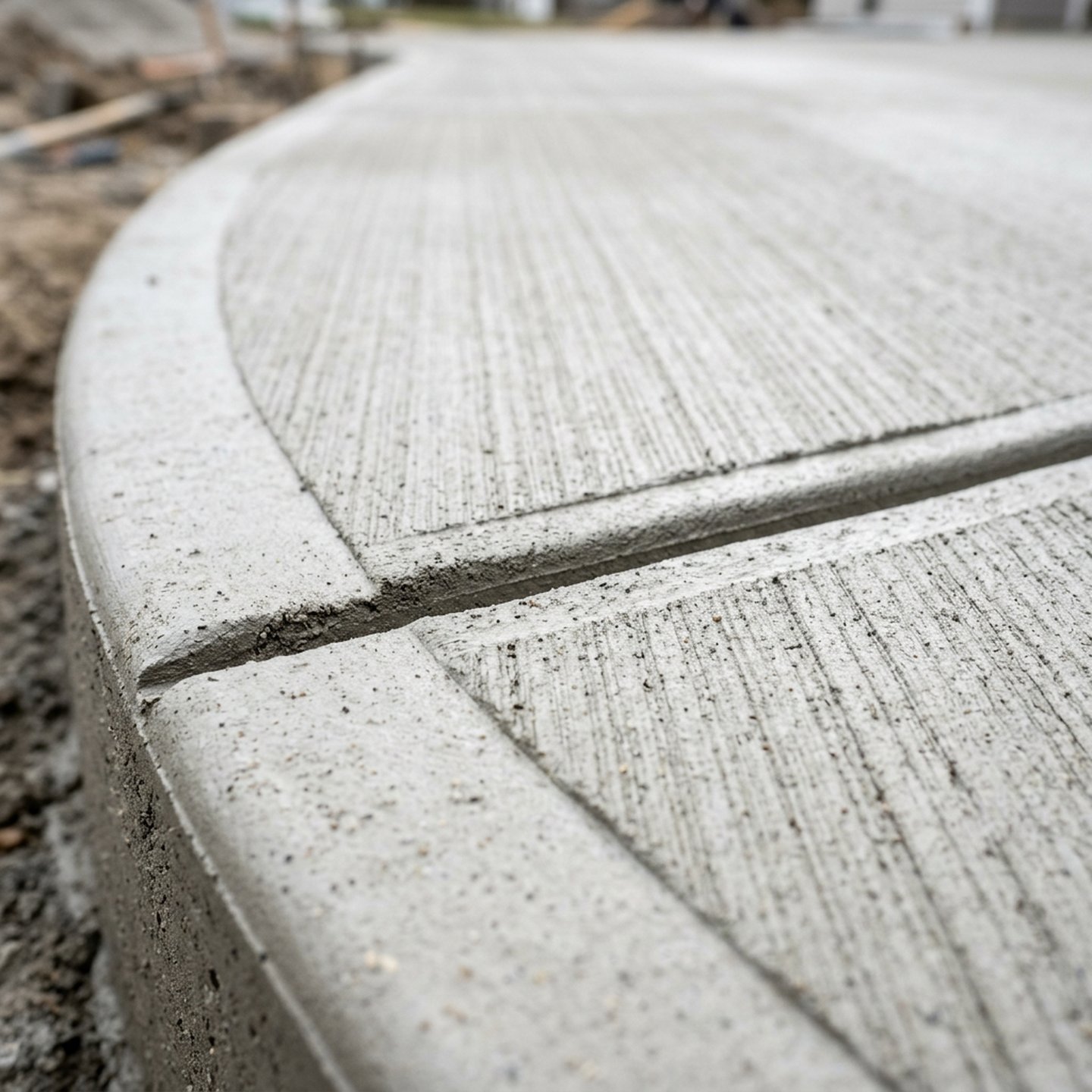 Close-up of broom-finish concrete with a hand-tooled edge and control joint