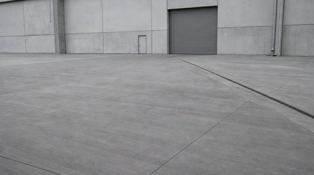 Broom-finished commercial concrete apron with sawn control joints and a trench drain