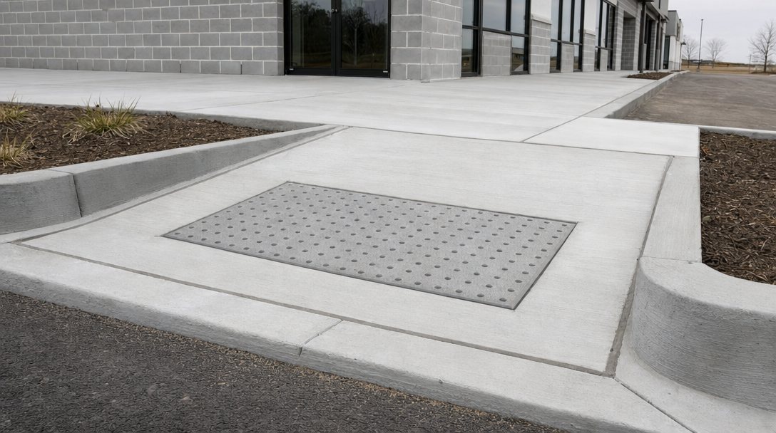 New concrete curb ramp with a detectable warning pad at a commercial building entrance