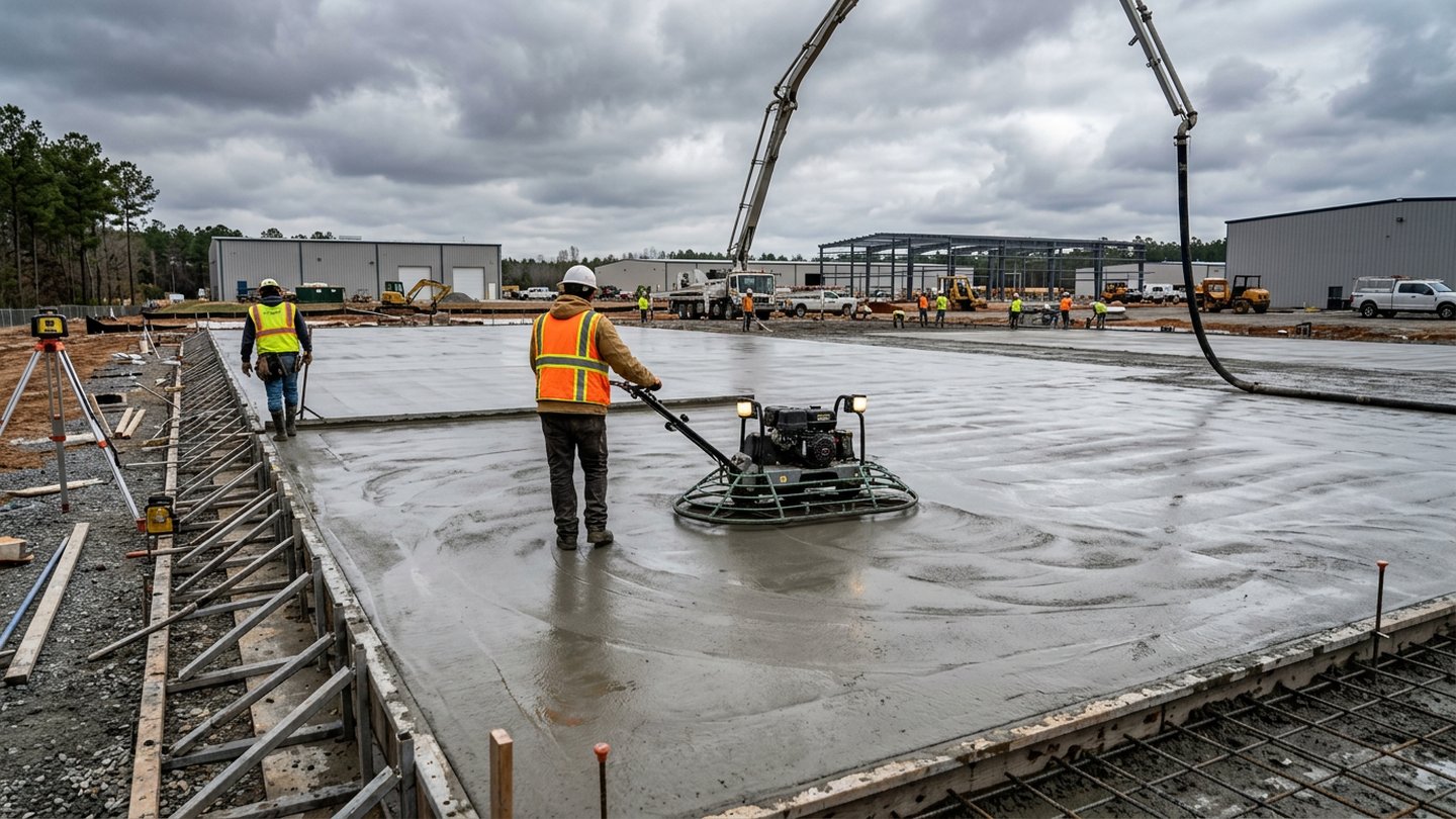 Commercial concrete slab being power-troweled on a large jobsite
