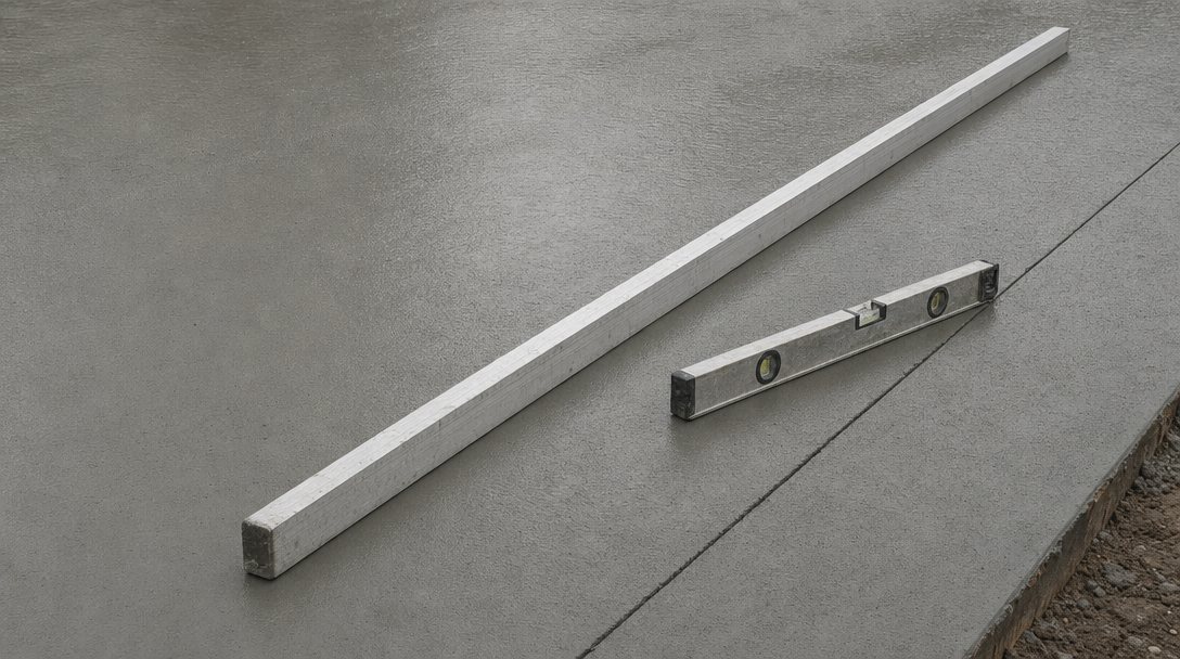 Screed board and spirit level resting on a freshly floated concrete slab