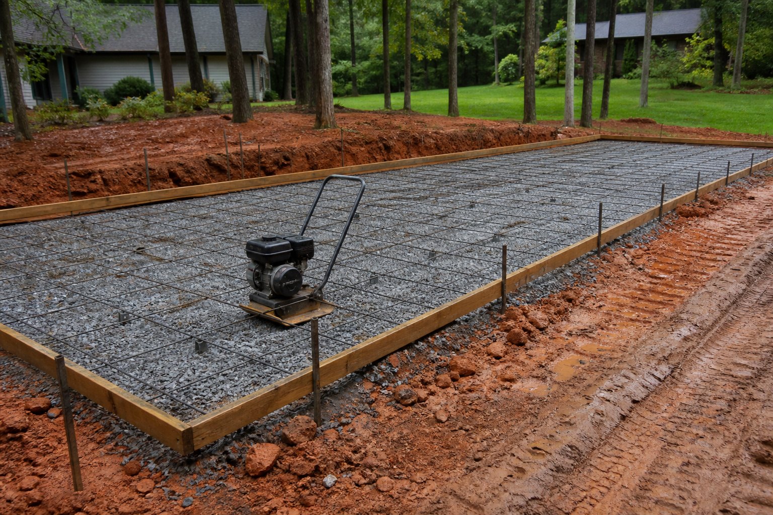 Compacted stone base and wire mesh inside forms beside cut red clay