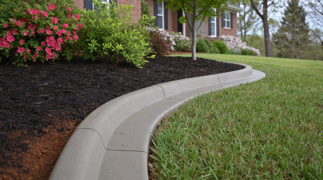 Illustration of a curved gray concrete landscape curb separating a mulched planting bed from a lawn