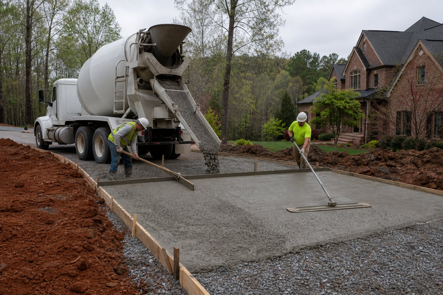 Crew screeding a fresh concrete driveway beside red clay and gravel base