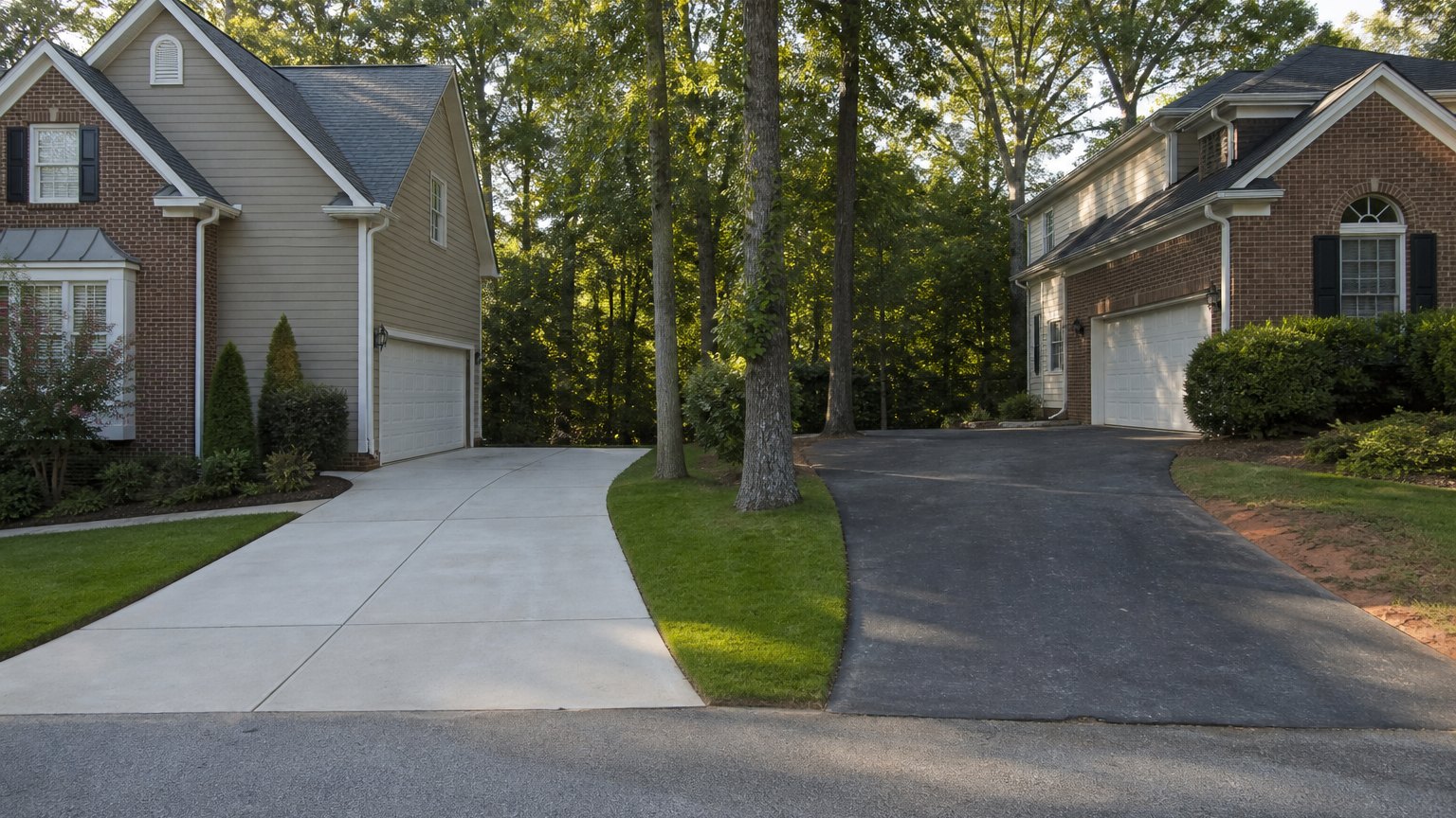 A pale concrete driveway beside a black asphalt driveway on a wooded street