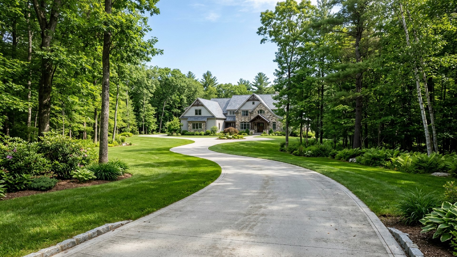 Curved broom-finish concrete driveway winding through a wooded estate lot