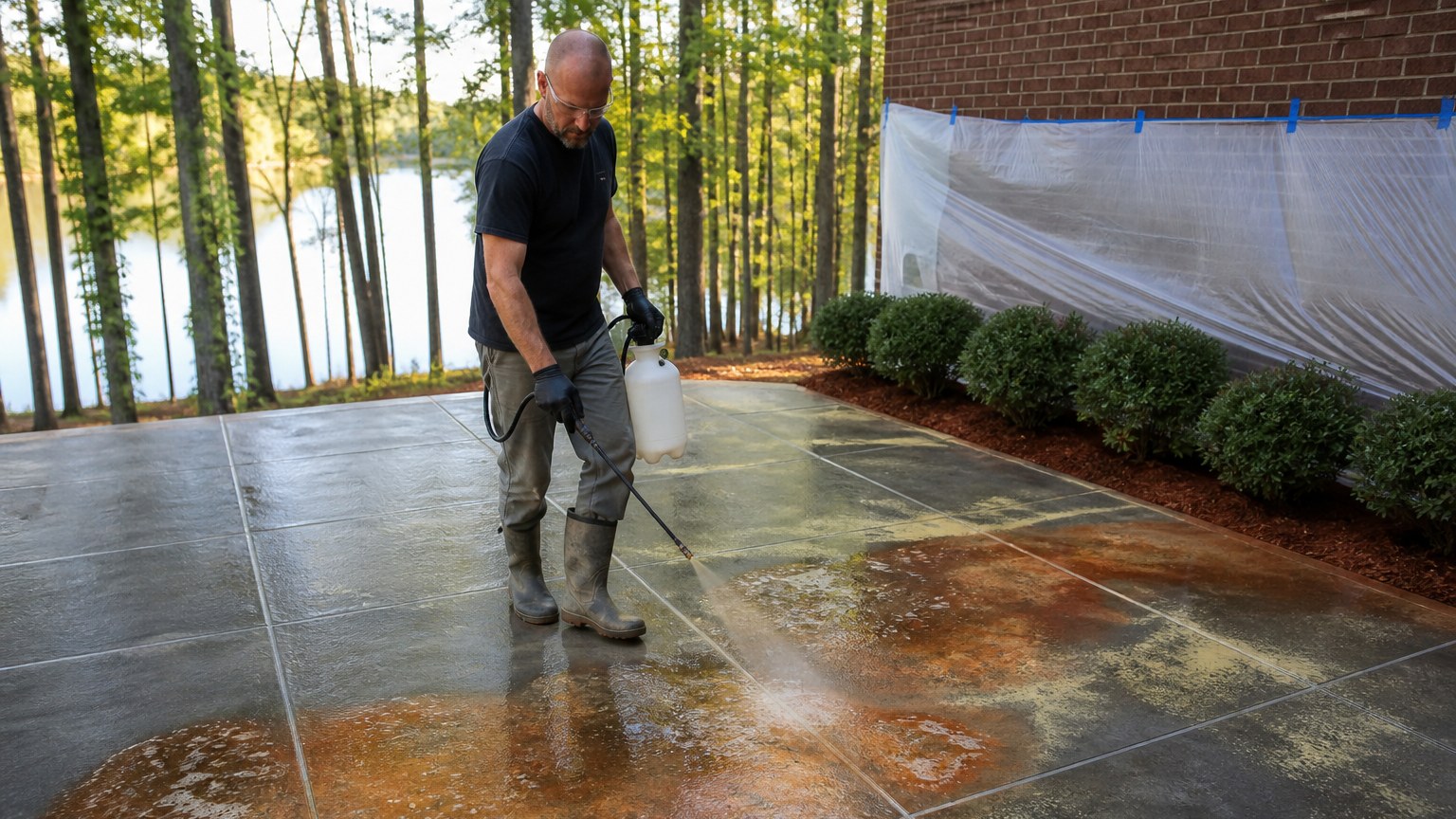 Worker spraying acid stain on a saw-cut concrete patio grid in morning light