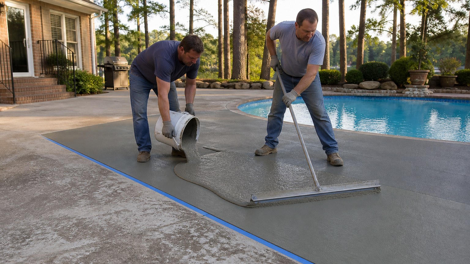 Two workers spreading a thin gray overlay over an old pool deck