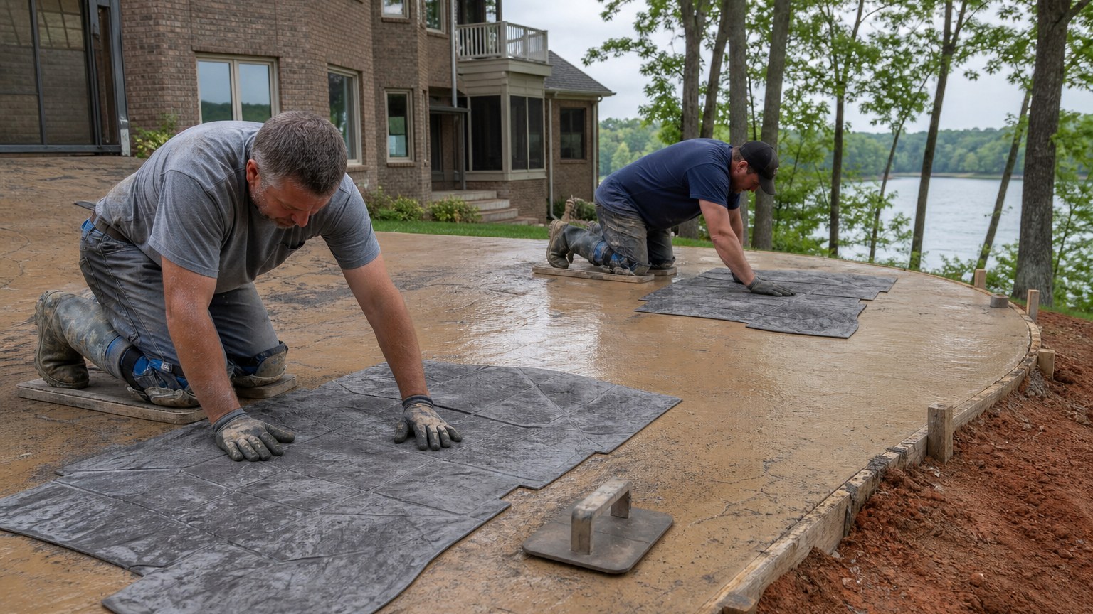 Two finishers pressing slate-pattern stamp mats into a tan patio above a lake