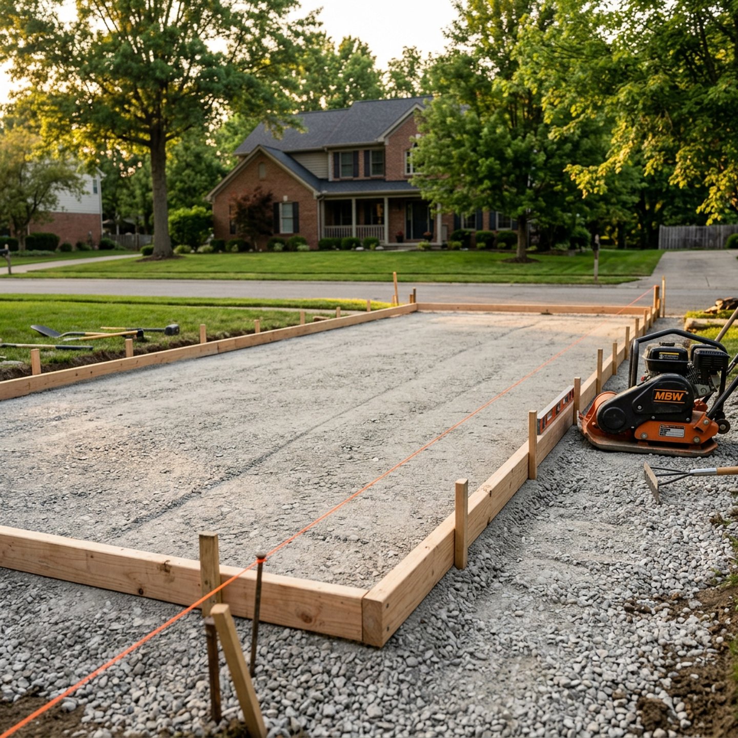 Driveway forms set and squared over a graded, compacted gravel base
