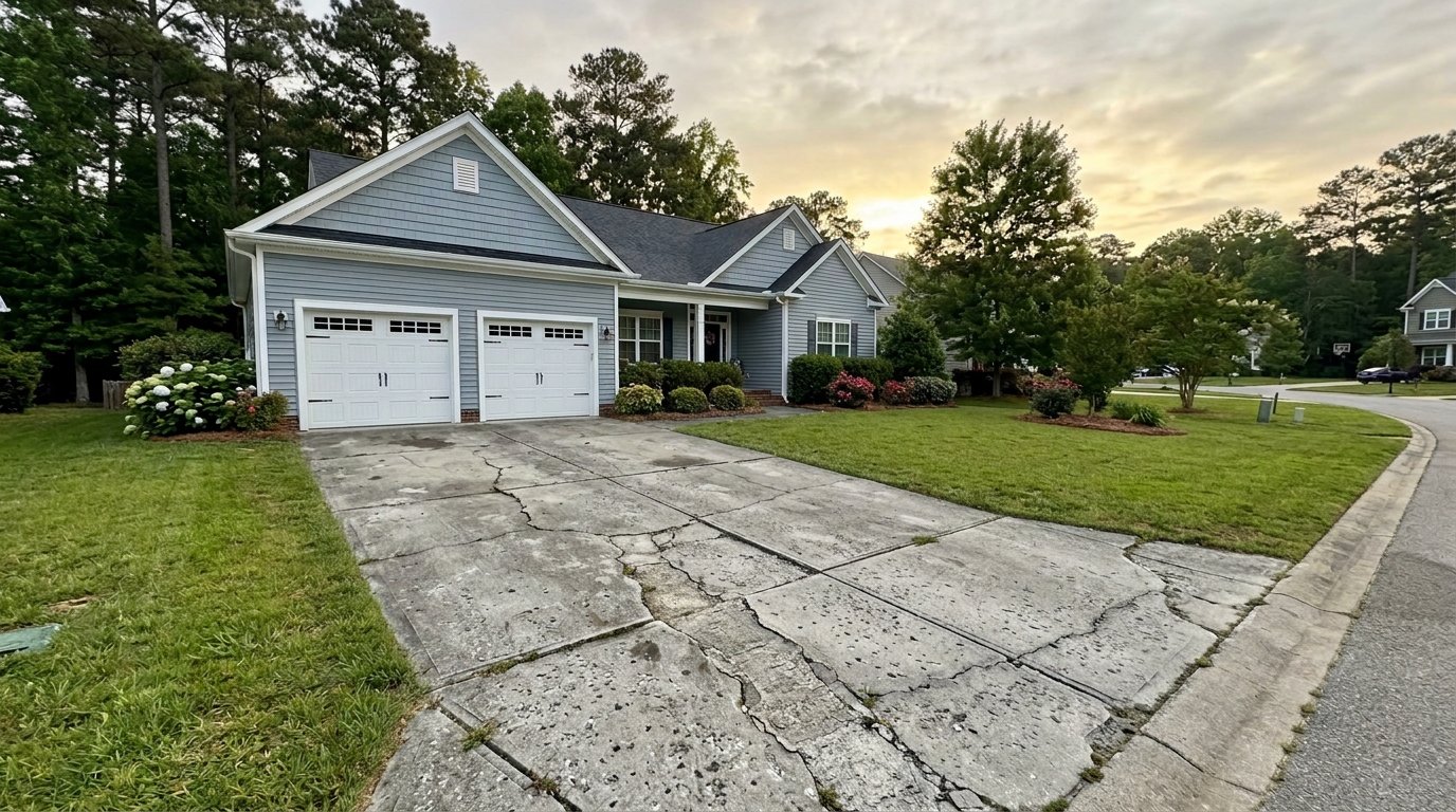 Old cracked concrete driveway before tear-out and replacement
