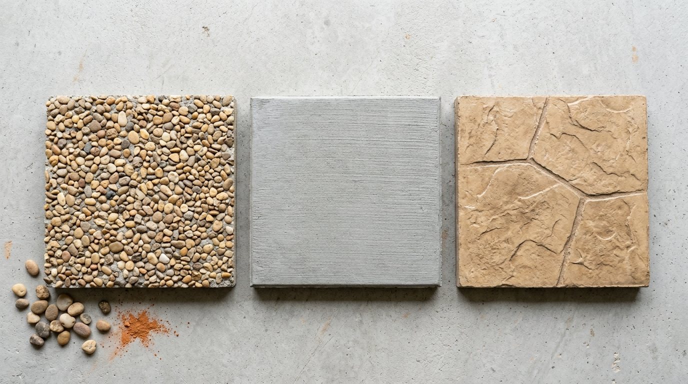 Exposed aggregate, broom-finish and stamped concrete sample squares side by side