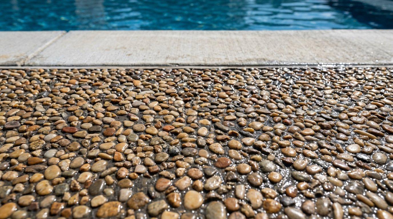 Wet sealed exposed aggregate pool deck of rounded river gravel beside coping
