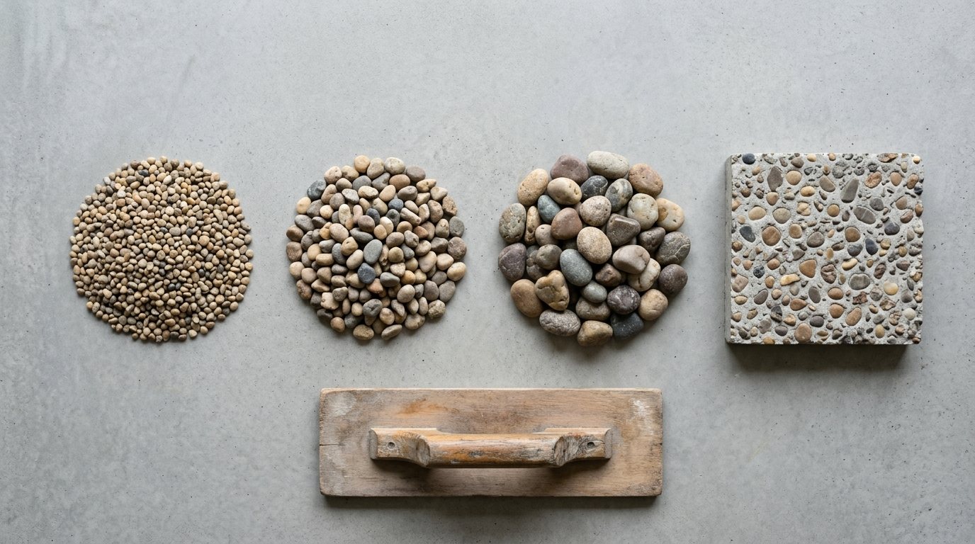 Three sizes of rounded seeding gravel beside an exposed aggregate sample and float