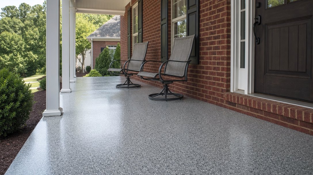 Illustration of a covered front porch floor finished with a gray flake epoxy coating