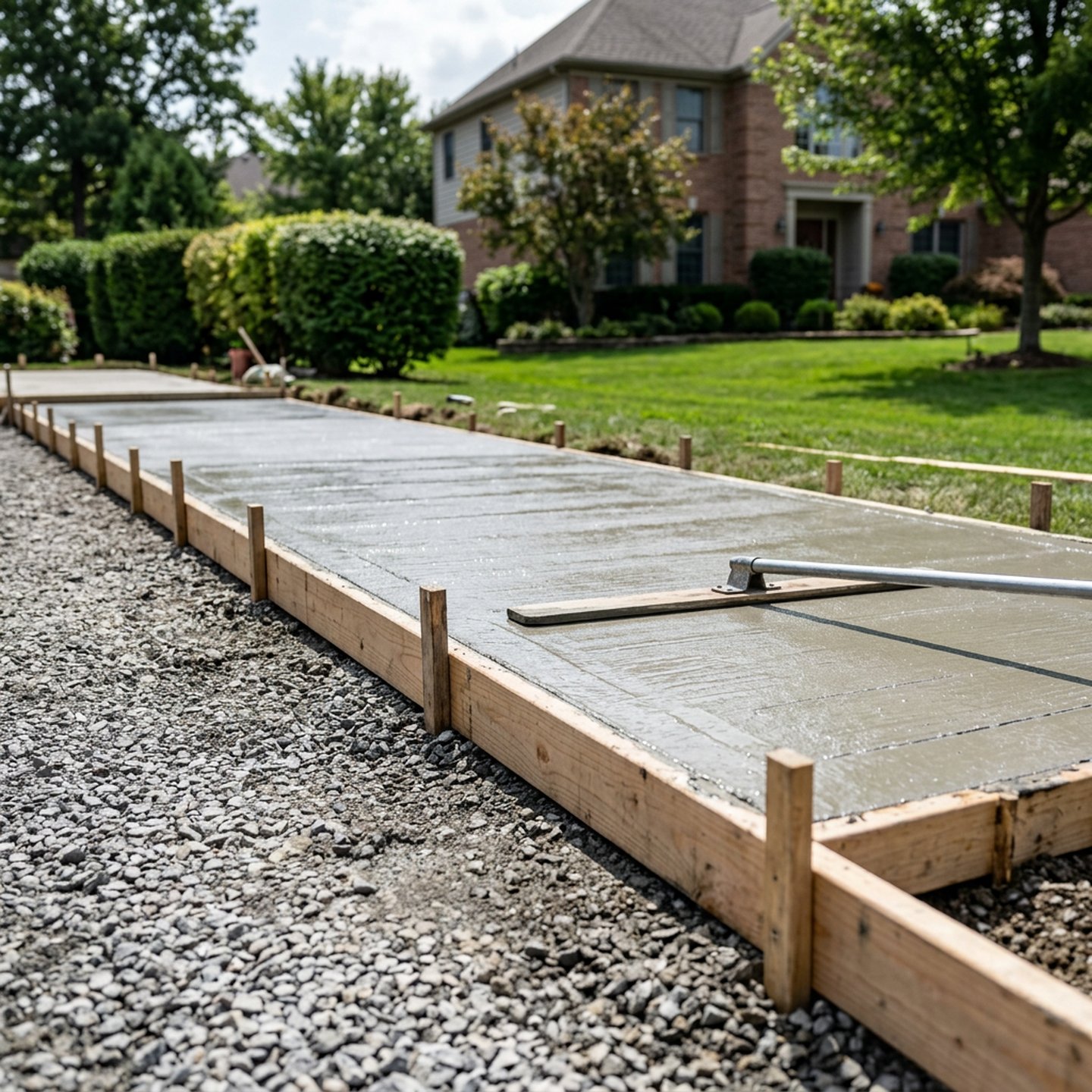 Fresh concrete screeded level inside timber forms