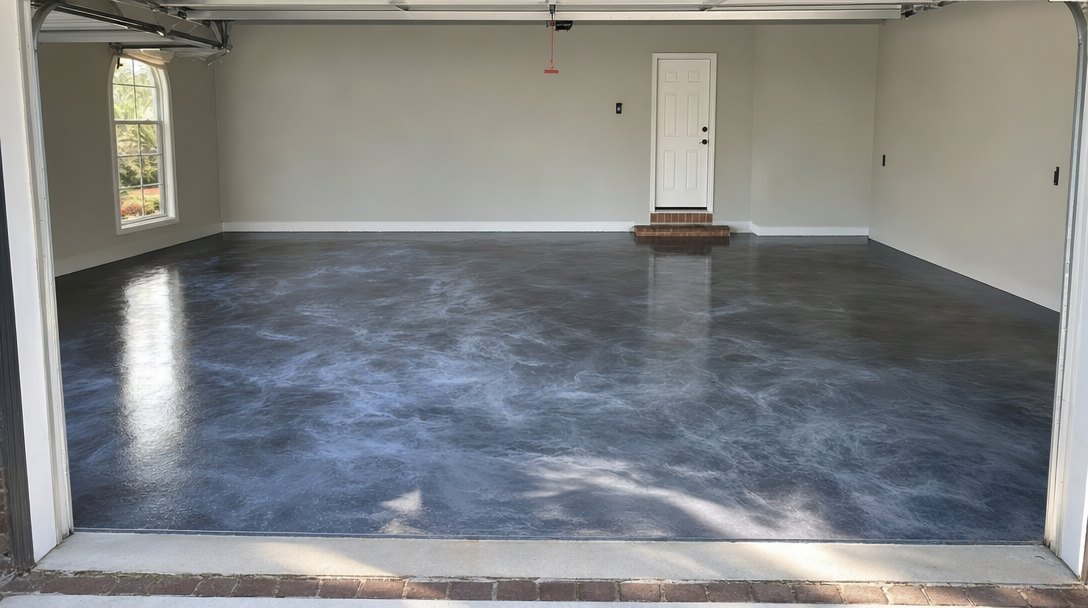 Illustration of a two-car garage floor finished with a charcoal and silver metallic epoxy coating