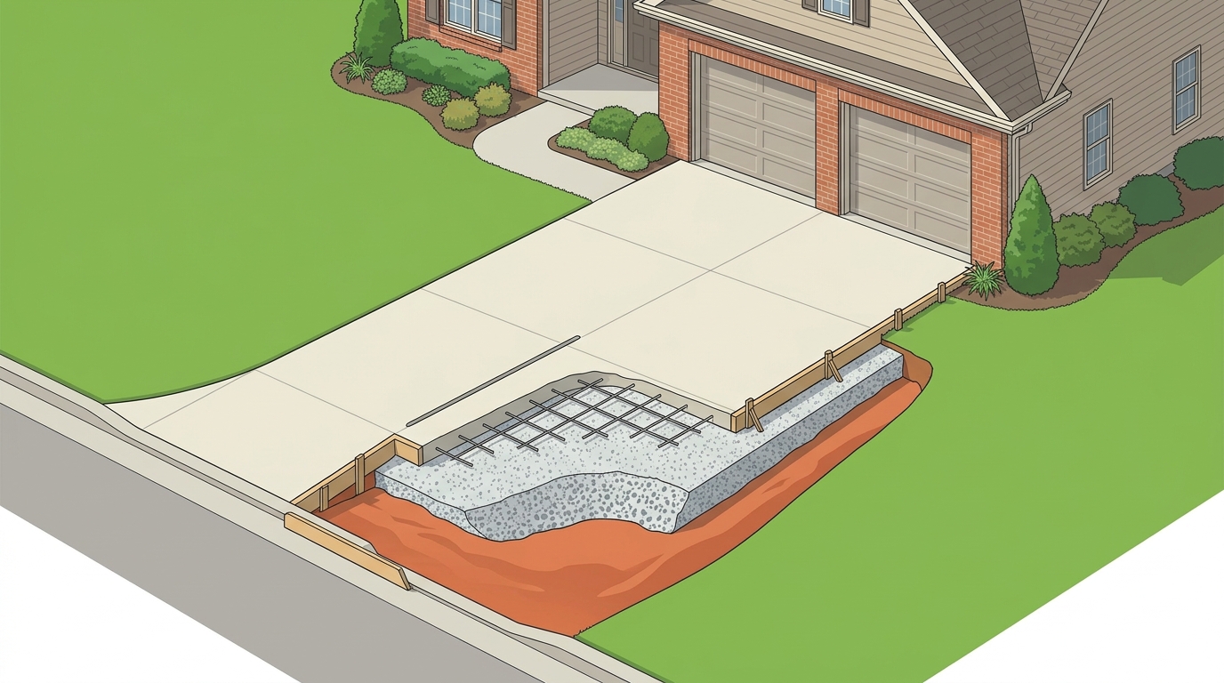 Cutaway diagram of a new driveway: red clay, compacted stone base, steel, slab