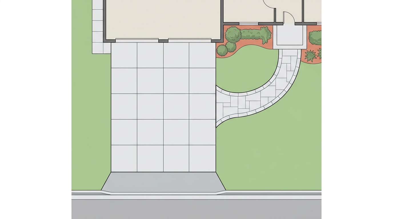 Plan view of a driveway split into near-square panels, apron at the street