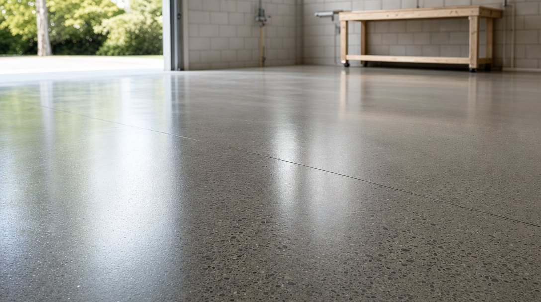 Illustration of a polished concrete garage floor with a satin sheen reflecting daylight from an open door