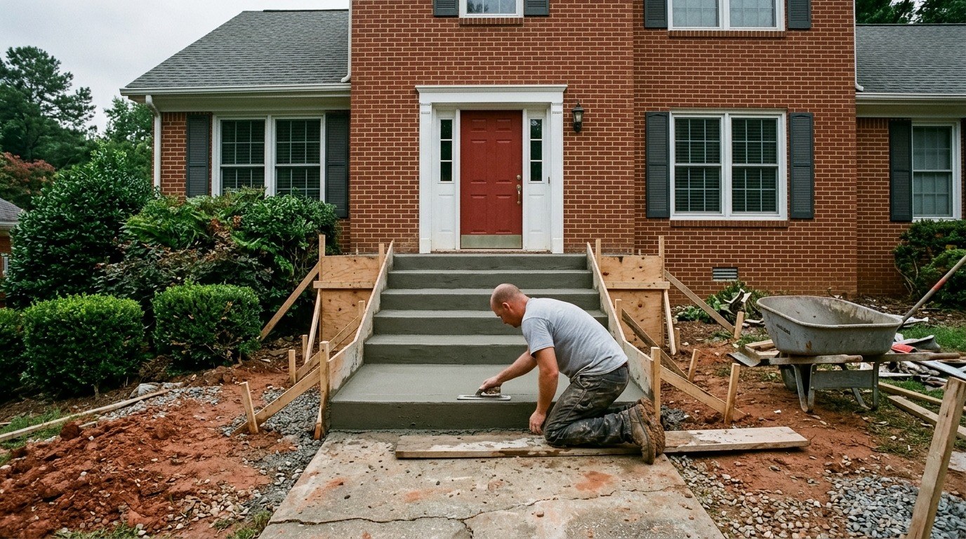 Finisher edging new poured concrete front steps inside wood forms at a brick house