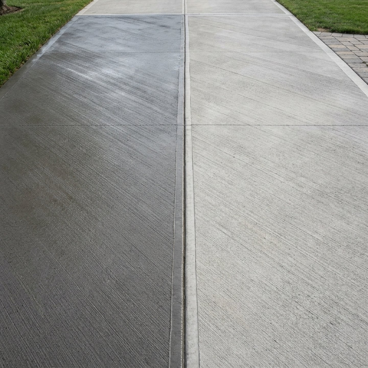 Sealed wet-look concrete beside unsealed concrete at a driveway control joint