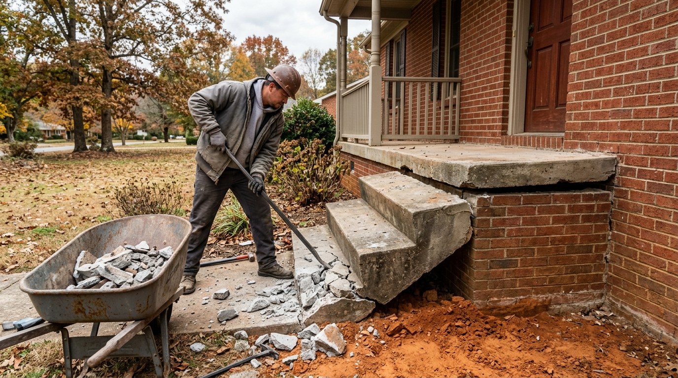 Settled concrete steps with a gap at the porch, being broken out for replacement