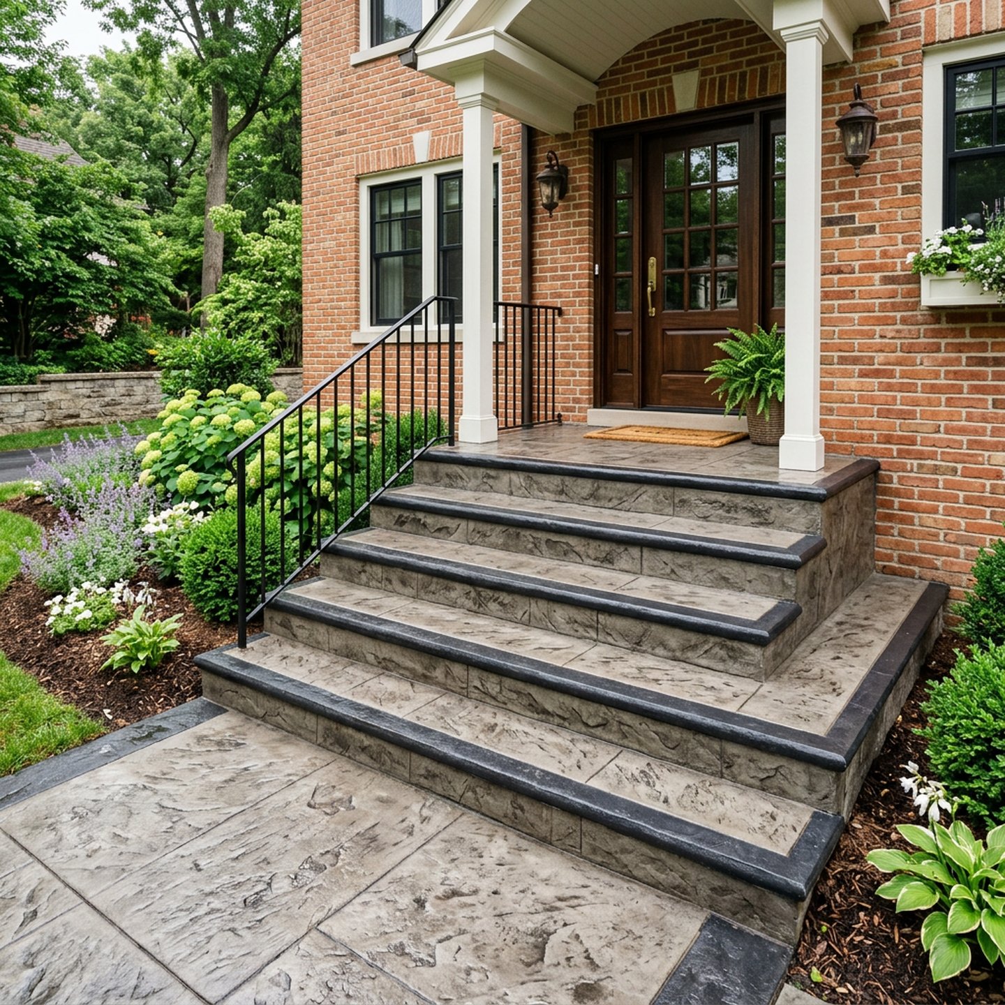 Stamped concrete front steps with a charcoal border at a brick entry