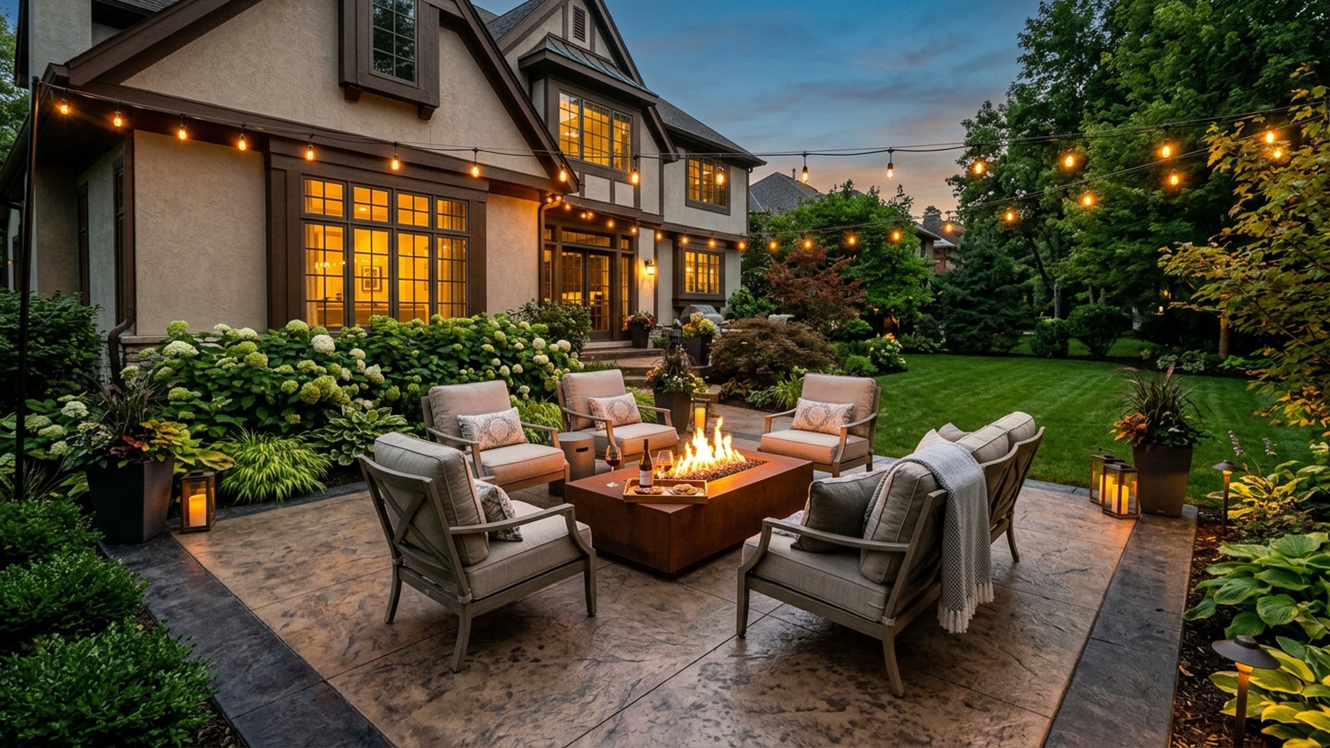 Stamped concrete patio with outdoor seating and a fire feature at dusk