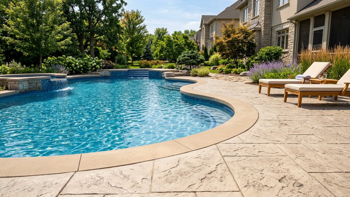 Stamped concrete pool deck with a smooth banded border around a freeform pool