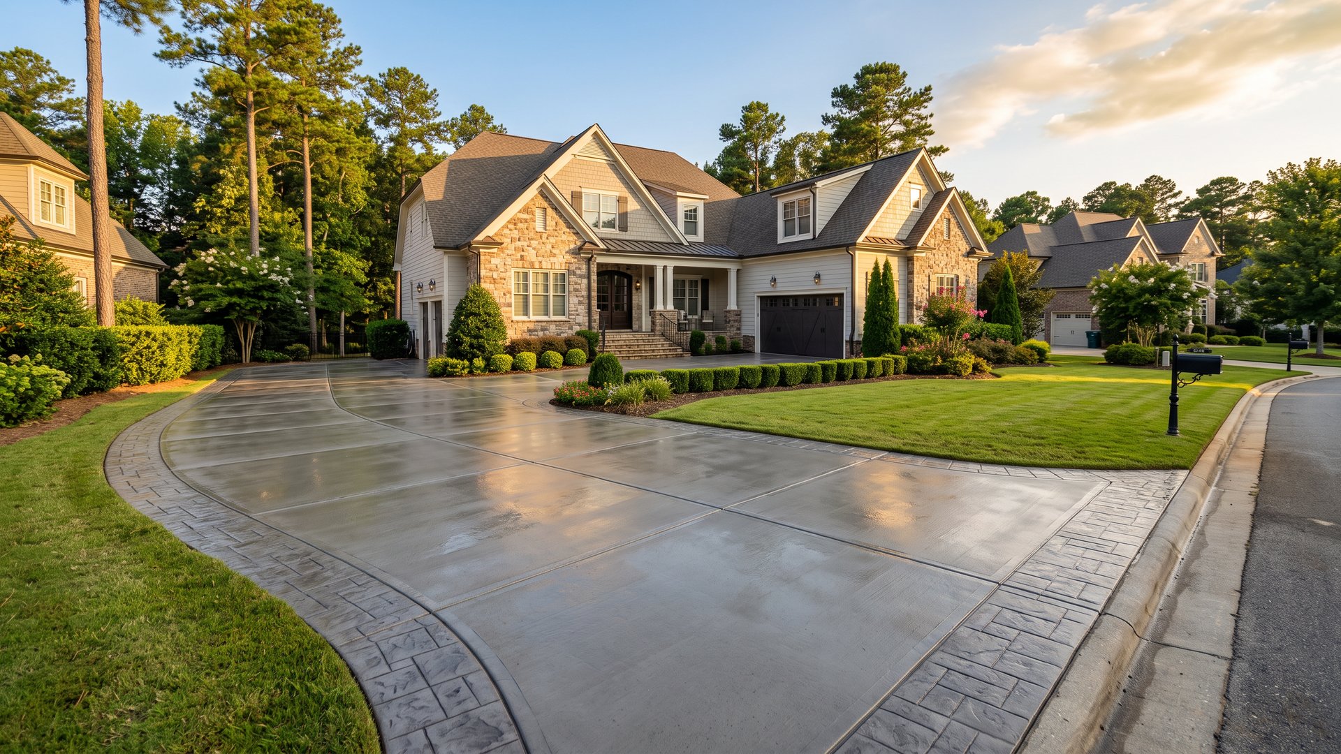Freshly sealed wet-look concrete driveway with a stamped border curving to a stone-accented Lake Norman home